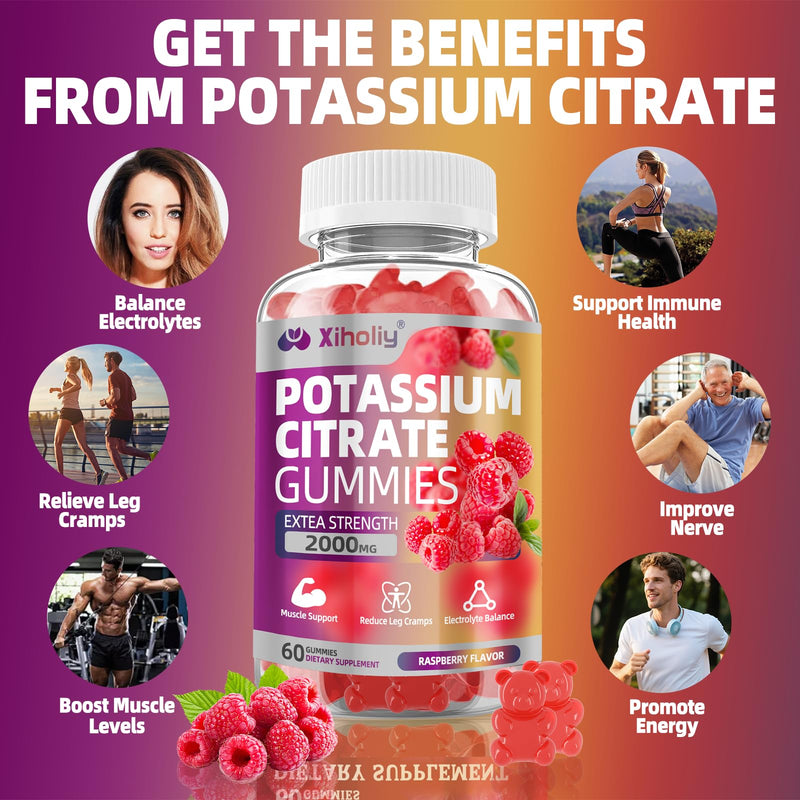 Potassium Citrate Gummies 2000mg, High Potency Electrolyte Gummies, 2 Pack | Potassium Supplement with Magnesium glycinate, Zinc, Vitamin C D3 K2, for Electrolyte Balance, Leg Cramps, Muscle Support 120 Count (Pack of 1)