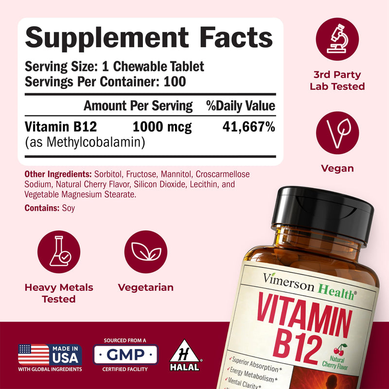 Vitamin B12 1000 mcg – Chewable Methylated B12 (Methylcobalamin B12) for Energy & Metabolism Support – Methylated B Complex for Superior Absorption – 100 Natural Cherry-Flavored Tablets - Vegan