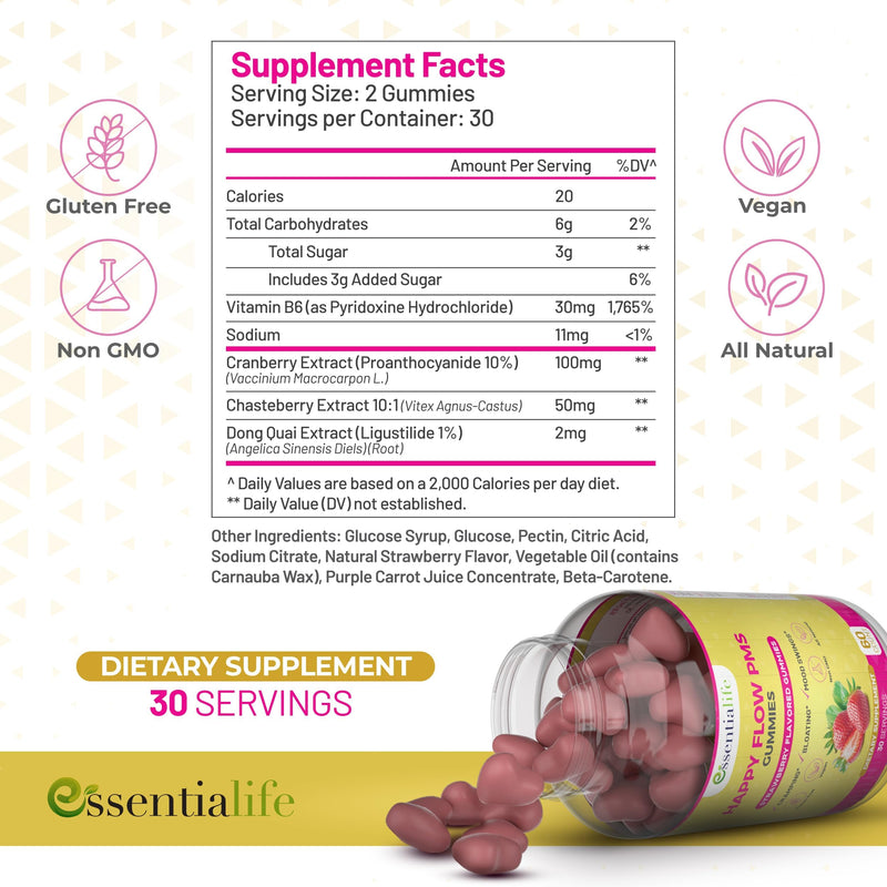 PMS Gummies - Happy Flow PMS Support Supplement for Women - Strawberry PMS Relief Supplement with Vitamin B6 for Hormone Balance, Period Support, Cramps, Hormonal Acne & Bloating Relief (120 Count) 60 Count (Pack of 2)