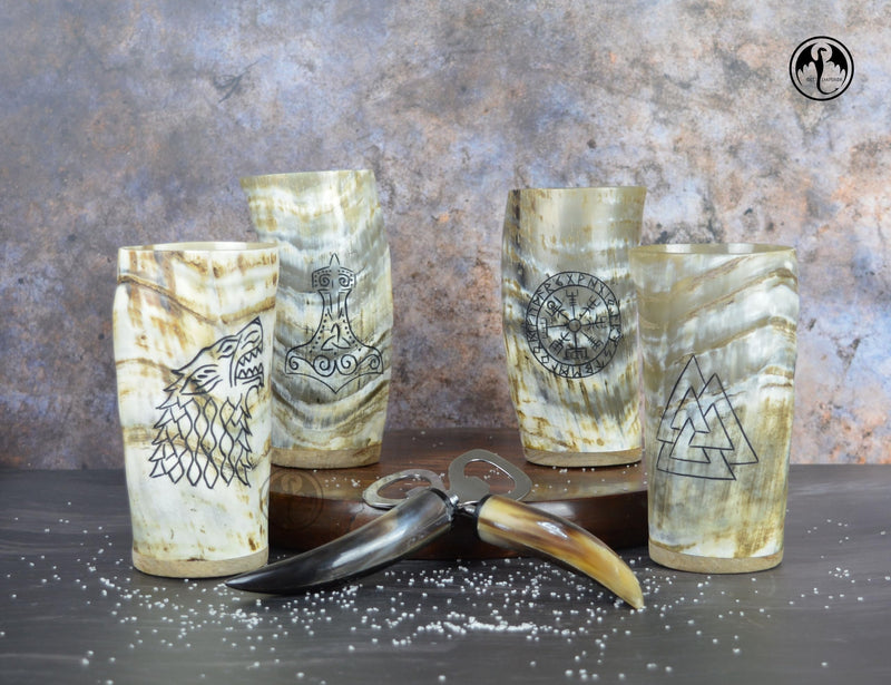 Viking Drinking Horn Cups Set of 2 with Bottle Opener | 8oz Handcrafted Natural Ox Horn Tumblers | Engraved Compass & Valknut | Food Safe | Viking Chirstmas Gifts for Men&Women - BeesActive Australia
