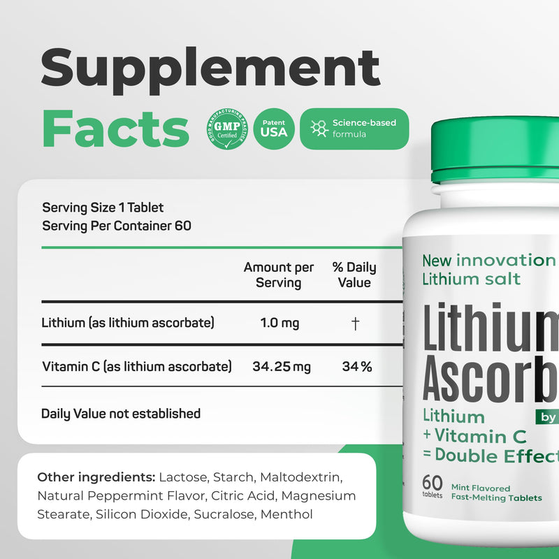 Lithium Ascorbate 1mg with Vitamin C – Brain Supplement for Focus, Memory, Mood & Stress Support – Cognitive Enhancer – 120 Tablets