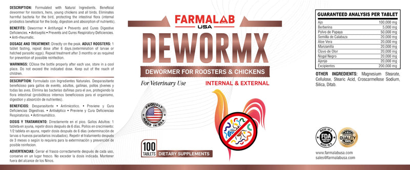Farmalab Natural Dewormer Internal & External 100 Tabs Poultry - Vitamin for Poultry Rooster Hen Chicken Baby Chick, hens - BeesActive Australia