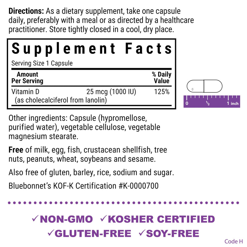 Bluebonnet Nutrition Vitamin D3 1000 IU, Aid in Muscle and Skeletal Growth, Cholecalciferol from Lanolin, Non GMO, Gluten Free, Soy Free, Milk Free, Kosher, 90 Vegetable Capsule, White | Kosher