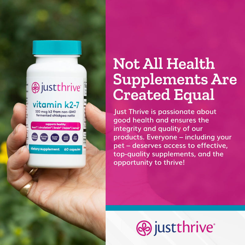 Just Thrive Vitamin K2-7 Supplement for Bone, Brain & Cardiovascular Health | 60 capsules, K2-7 formula, Supports bone strength, brain health, cardiovascular wellness and everyday whole-body vitality