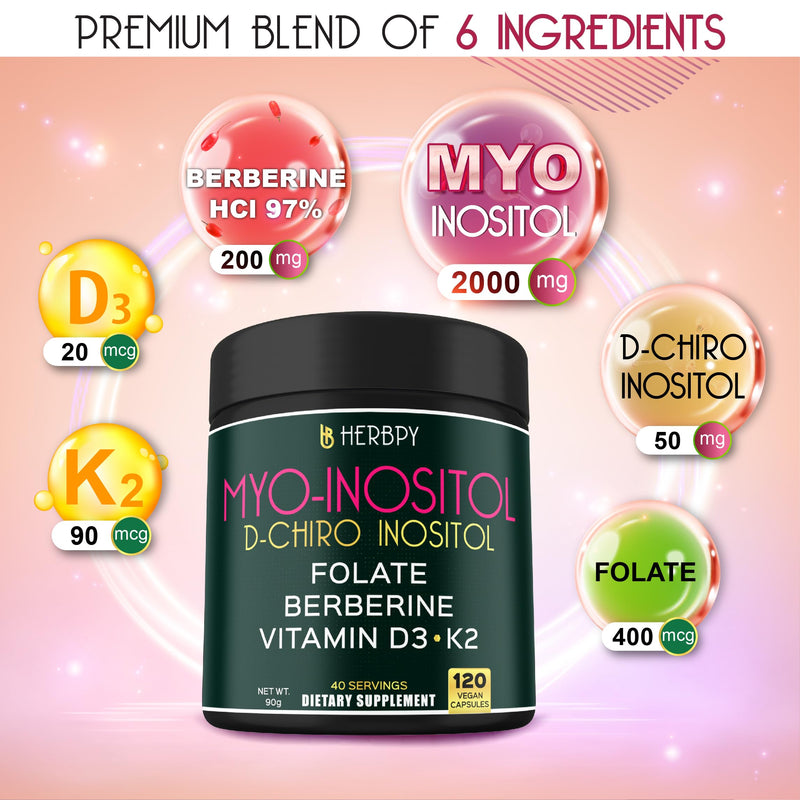 Herbpy 6in1 Berberine Myo-Inositol & D-Chiro Inositol Supplement for Women | Hormonal Balance & Ovarian Health Support | Myo inositol 40:1 with Folate, Vitamin D3, K2 & Berberine HCl 97% | 120 Capsules