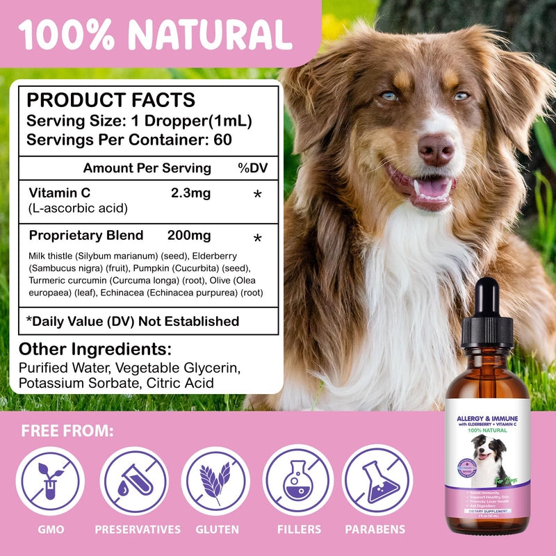 Dog Allergy Relief 60ml, Allergy Relief Drops for Dogs, Dog Skin Allergy & Itch Relief Effective, Natural Pet Supplement with Mutivitamins, Immune Support