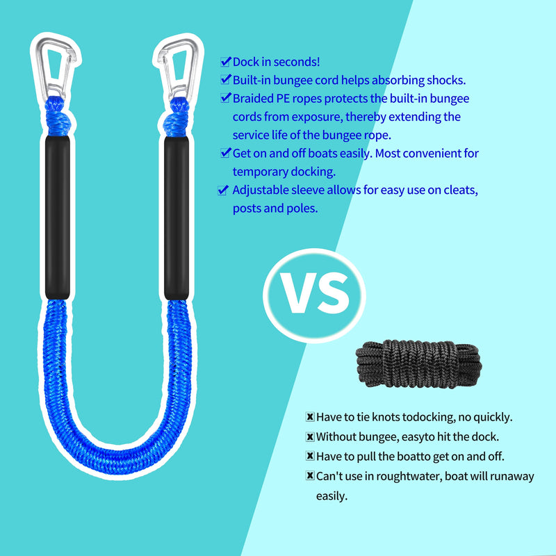 4ft Bungee Dock Lines for Boat, Dock Mooring Ropes, Two Hooks (Blue, 4FT) Blue