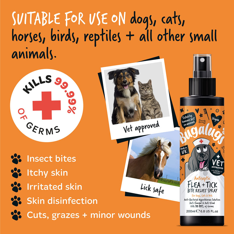BUGALUGS Insect Bite Relief Antiseptic spray for dogs 200ml, puppy, cats & pets - Dog grooming Antibacterial, Antifungal for dog itchy skin relief - use alongside our flea shampoo for dogs