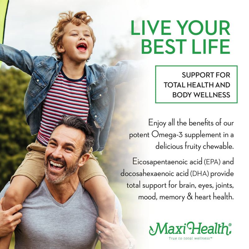 Maxi Health Omega Yums 1000 - Kid Friendly - Fruity Burst Flavor - 110 Softgel Capsules - Kosher | EPA-DHA High Potency, Fatty Acids, Heart, Brain, Joint Health, Fruity Burst Flavor, Kid Friendly, Kosher Certified Fruit Flavor 1000™ 110 Count (Pack of 1)