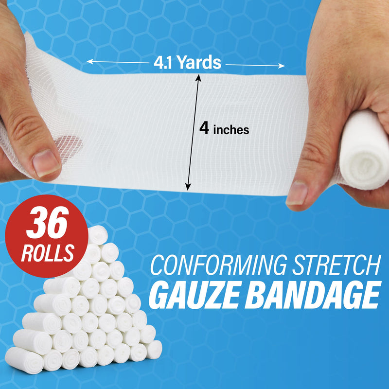 Gauze Bandages – 36 Rolls - Premium First Aid Supplies for Safe Adventuring – Flexible, Stretchable, and Breathable Gauze Rolls – 4” x 4.1 Yards Bandage Wrap for Wound Dressing 4 " Pack of 36 Rolls - BeesActive Australia
