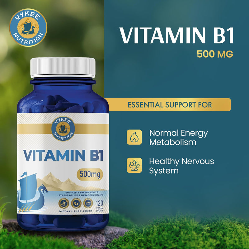 Vykee Nutrition Vitamin B1 (Thiamine) Capsules 500 mg | Supports Energy Metabolism & Nervous System Health Vegan, Non-GMO, Gluten-Free,120 Count