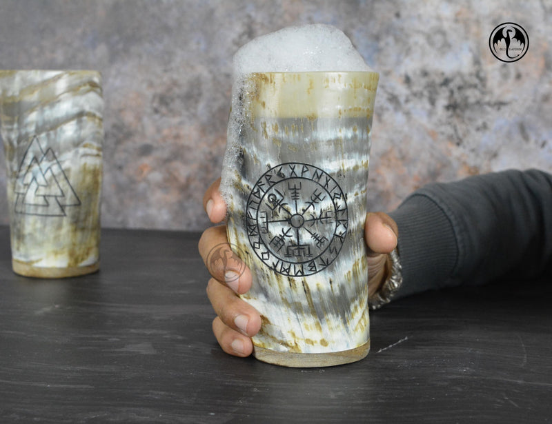 Viking Drinking Horn Cups Set of 2 with Bottle Opener | 8oz Handcrafted Natural Ox Horn Tumblers | Engraved Compass & Valknut | Food Safe | Viking Chirstmas Gifts for Men&Women - BeesActive Australia