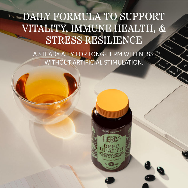 Herbs Etc. Deep Health Softgels, Adaptogenic Mushroom Complex, 60 Count | Daily Vitality Herbal Supplement with Reishi, Shiitake, and Rhodiola Root for Stress and Immune System Support, Organic 60 Count (Pack of 1)