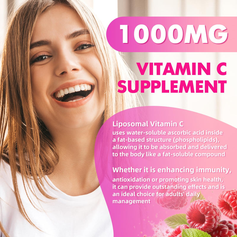2 Pack Liposomal Vitamin C 1000mg Gummies for Adults Kids, 1500mg Chewable Vitamin C w/Iron, Zinc & Elderberry - Immune Support & Energy, Collagen Booster, Raspberry, 120 Count 120 Count (Pack of 1)