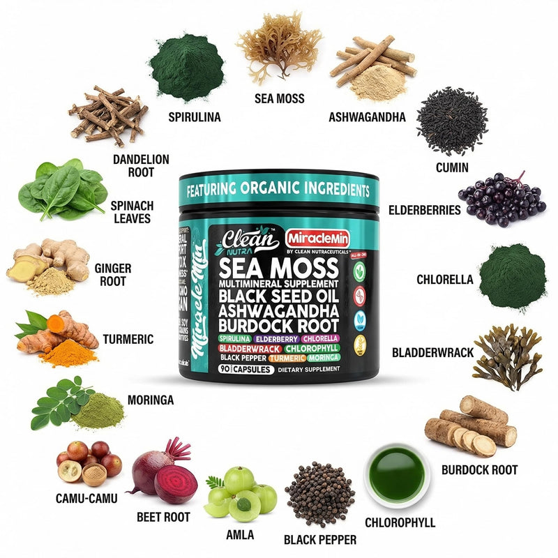 Clean Nutra Organic Sea Moss Capsules with Ashwagandha, Black Seed Oil, Burdock Root, Bladderwrack, Moringa, Chlorella, Spirulina, Turmeric, Elderberry, Amla � 90 Vegan Capsules � MiracleMin 1