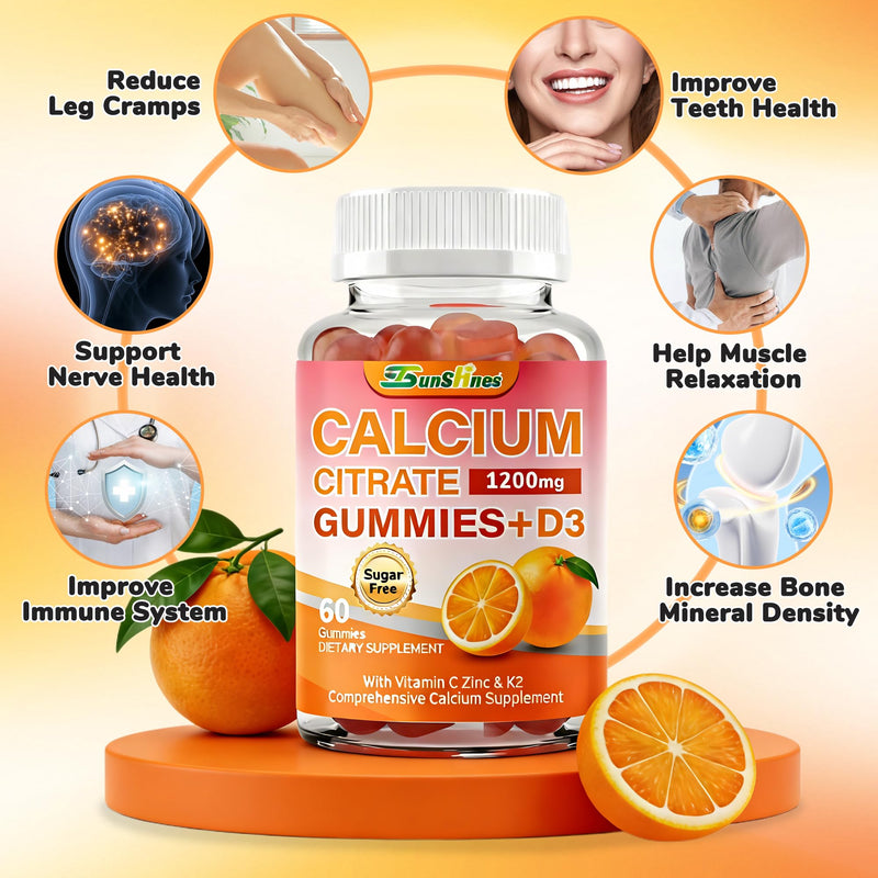5-in-1 Calcium Citrate Gummies 1200mg with D3, K2, Zinc, VC | Sugar Free, Non-GMO Chewable; Immune Support,Teeth & Muscle Healthy for Women & Kids; 60 Count; Orange Flavor 60 Count (Pack of 1)