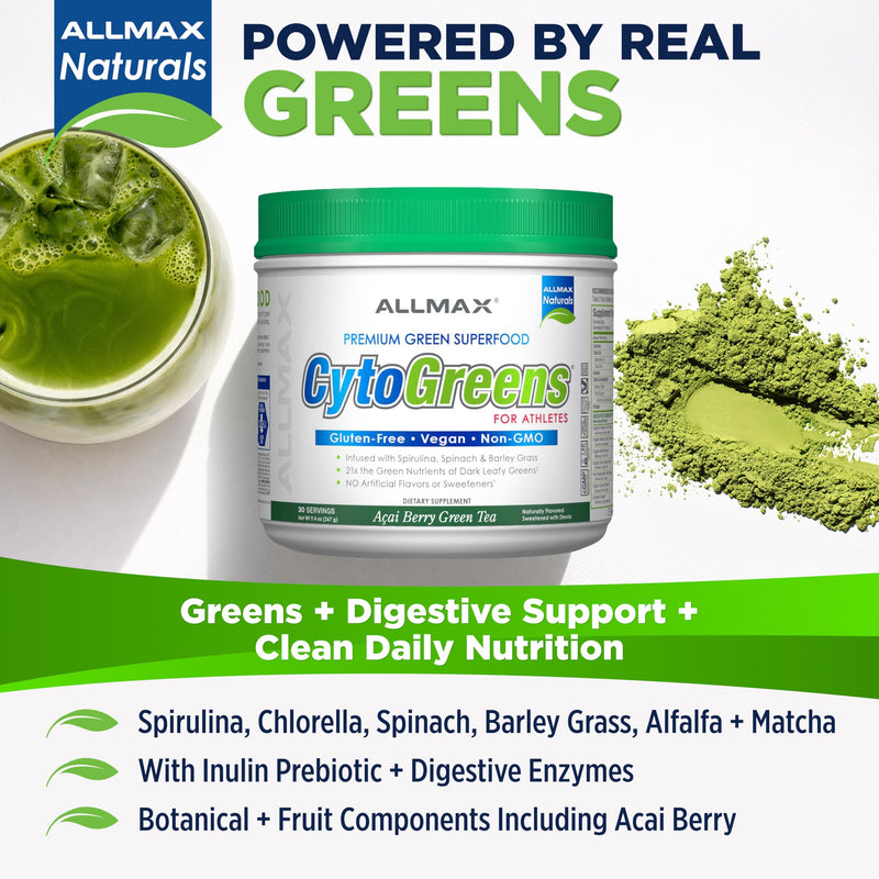 ALLMAX CytoGreens Super Greens Powder, Acai Berry Green Tea, 30 Servings | Supports Daily Wellness, Promotes Digestive Health, Superfood Greens Blend, Digestive Enzymes, Vegan