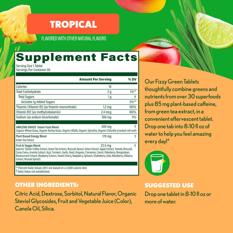 Amazing Grass Fizzy Green Energy Tablets, Caffeinated, Tropical, 60 Count | Effervescent Greens Tablet with 85mg Plant-Based Caffeine, 1 Serving of Fruits & Veggies, Vitamins B1 & B12 Energizing Tropical 10 Count (Pack of 6)