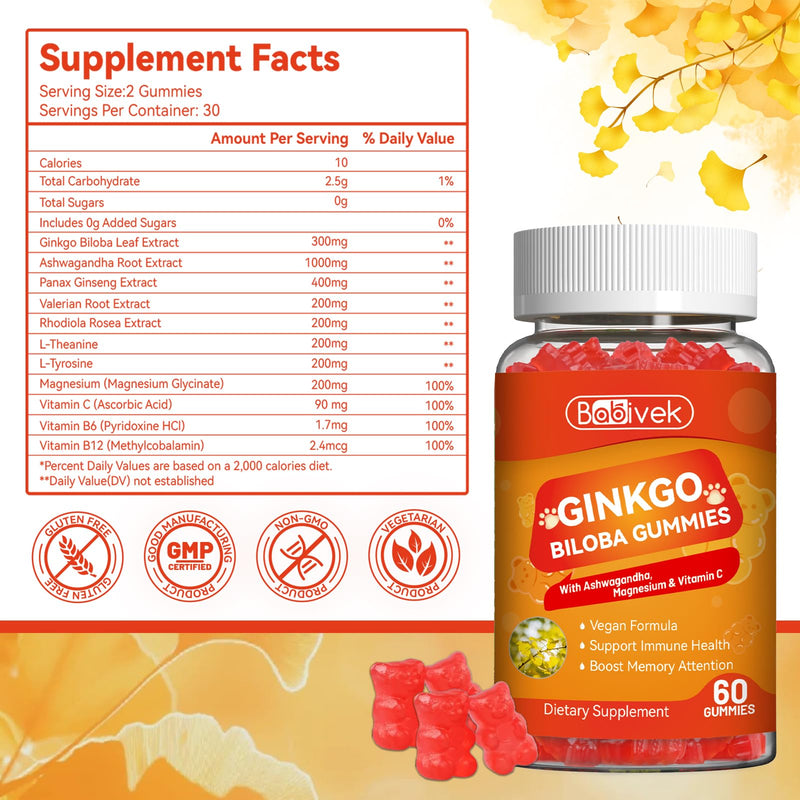 Ginkgo Biloba Gummies with Ashwagandha, Vitamin C & Magnesium - Vegan, Non-GMO, Gluten-Free - Raspberry Flavor, 60 Count