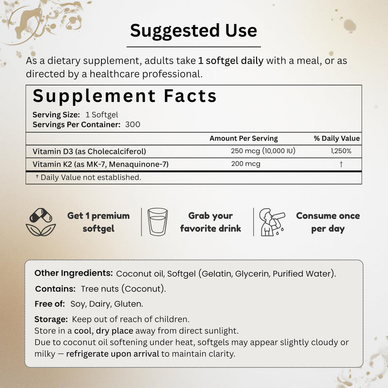 Vitamin D3 K2, 10,000 IU D3 + 200 mcg K2 MK-7, 300 Softgels | 10,000 IU Vitamin D3 + 200 mcg Vitamin K2 MK-7 per serving; Enhanced with Coconut Oil; Non-GMO, Gluten-Free