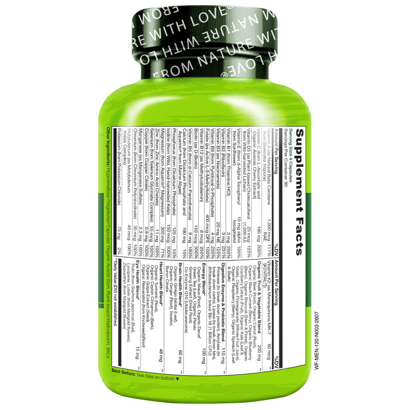 NATURELO Men's Multivitamins - Whole Food Multivitamin for Men, 120 Caps | Vitamins, minerals, vegetarian capsules, energy, brain, heart, eye health* 120 Count (Pack of 1)