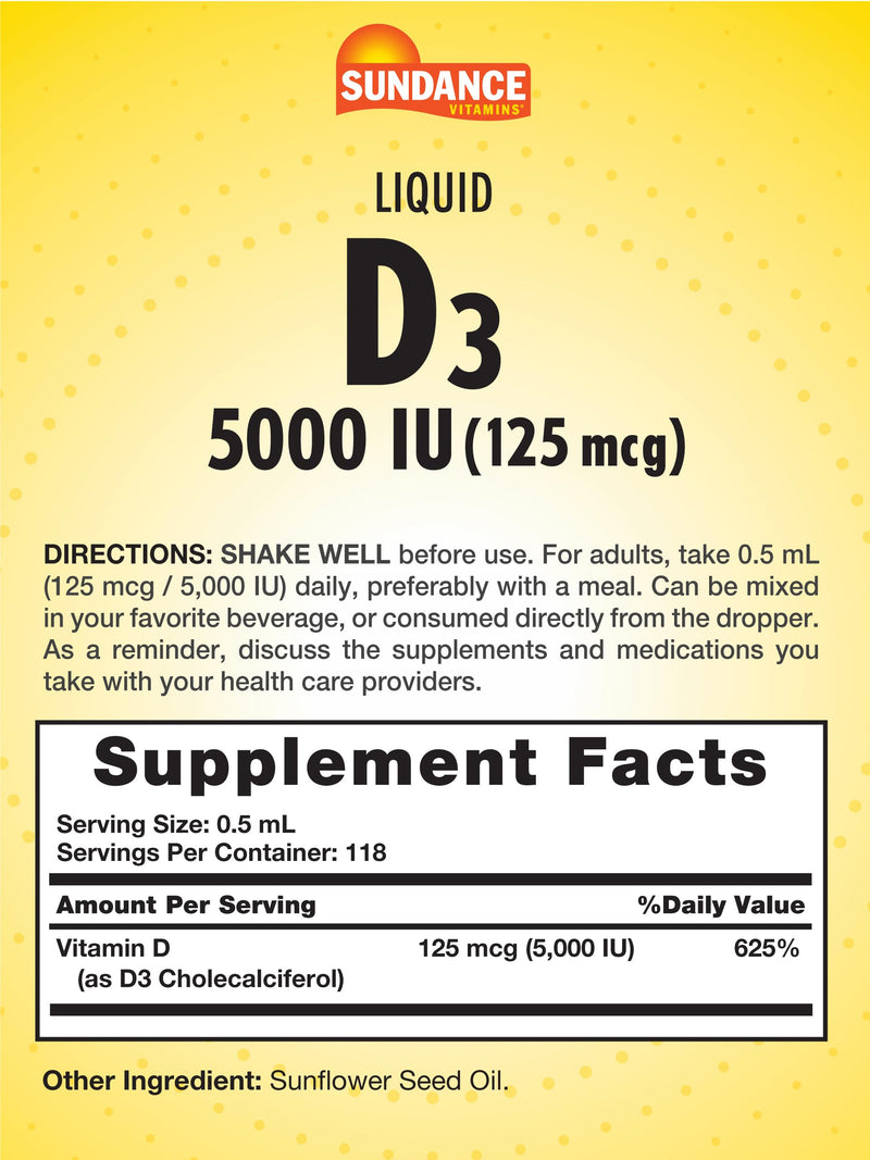 Sundance Liquid Vitamin D3 5000 IU | 2 Fluid Ounces | Essential Vitamin Liquid Drops | Vegetarian, Non-GMO, and Gluten Free Supplement Unflavored 2 Fl Oz (Pack of 1)