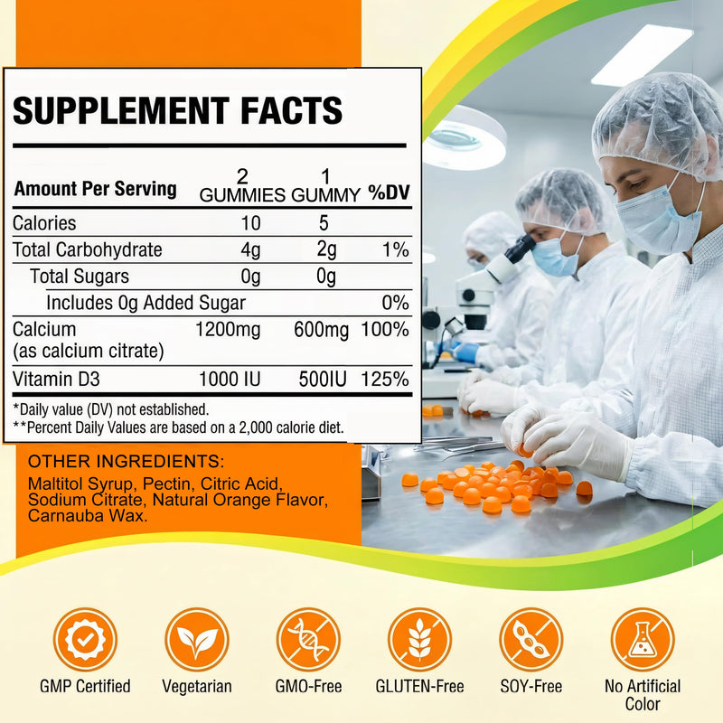 (2 Pack) Calcium Citrate 600-1200 mg with Vitamin D3 Gummies for Women Men | Calcium Supplements For Bone & Teeth Support, High Absorption, Easy to Digest, Sugar Free, Vegan, Orange Flavor,60 Day Supply 60 Count (Pack of 2)
