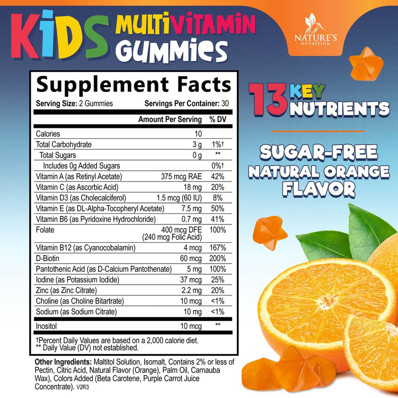 Kids Multivitamin Gummies - Sugar Free - Tasty Orange Flavor Gummy - Daily Immune Support with 100% Vitamin B12 - Essential Vitamins A, C, D3, E, B6, & Zinc Kid's Multivitamin - Non-GMO - 60 Gummies