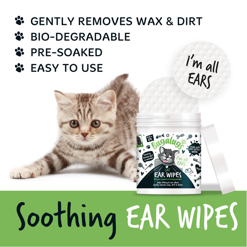 BUGALUGS Cat Ear Cleaner Cat Wipes 100 Biodegradable textured pre-soaked cat ear wipes. Pet Wipes Cat Ear Cleaner Solution Stops Head Shaking, Itching & Waxy Ears (100 Wipes)