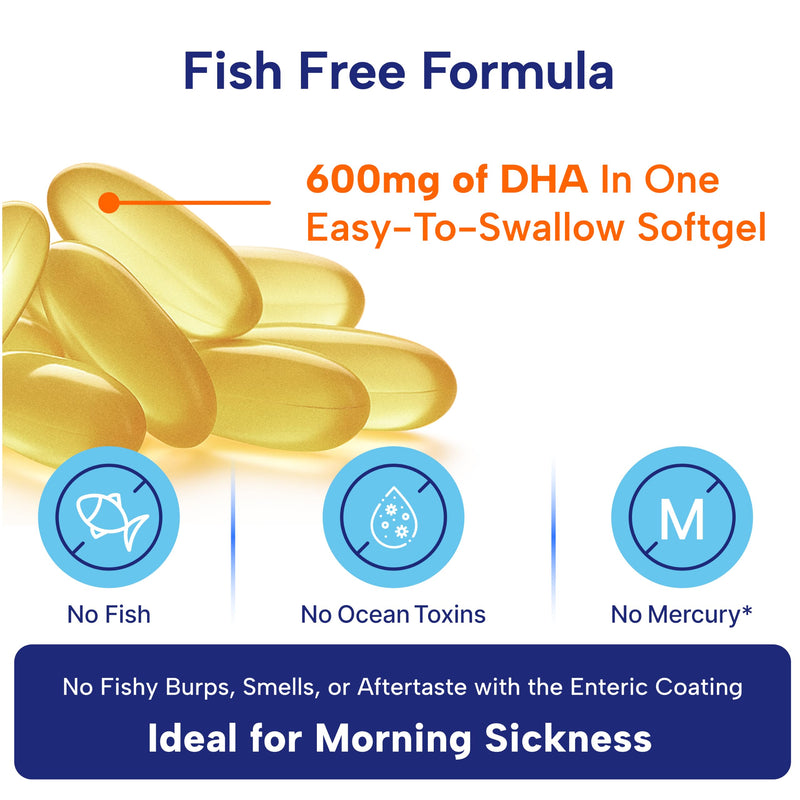 OmegaVia Prenatal DHA 600mg, Fish Oil Free Omega 3 Supplement (30 Softgels) | Algae Omega 3, Pregnancy & Lactation Safe, Supports Baby's Brain & Eye Health, Burpless, Gluten Free, Non-GMO, 30-Day Supply 30 Count (Pack of 1)
