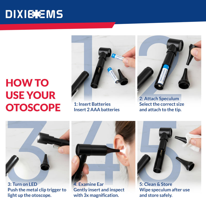 Dixie Ems Basic Medical Pocket Size Otoscope with LED Light, Clip and 4 Specula Sizes for Students, EMTs, Nurses, Doctors, and Vets - BeesActive Australia