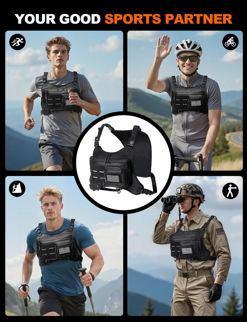 Chest Bag for Men with Expandable Accordion Structure, Running Vest for Outdoors, Chest Pack for Cycling, Hiking Black A