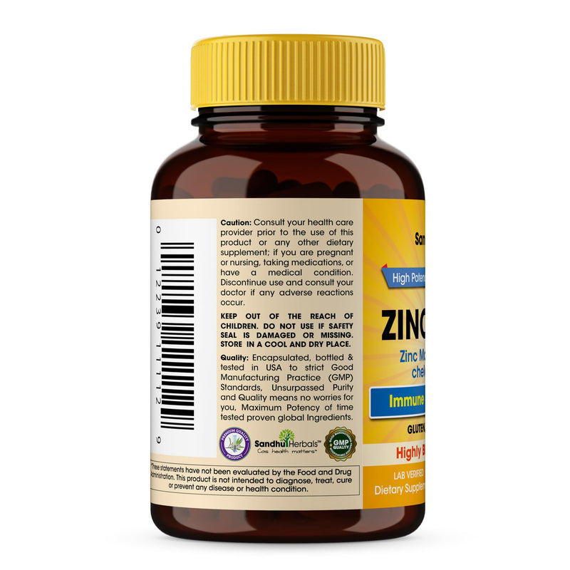 SANDHUHERBALS Zinc 30mg Capsules for Men & Women | 120 Count (Pack of 1) | Zinc Supplements for Immune & Antioxidant Support | Zink 30 mg Supplement Supports Skin Health