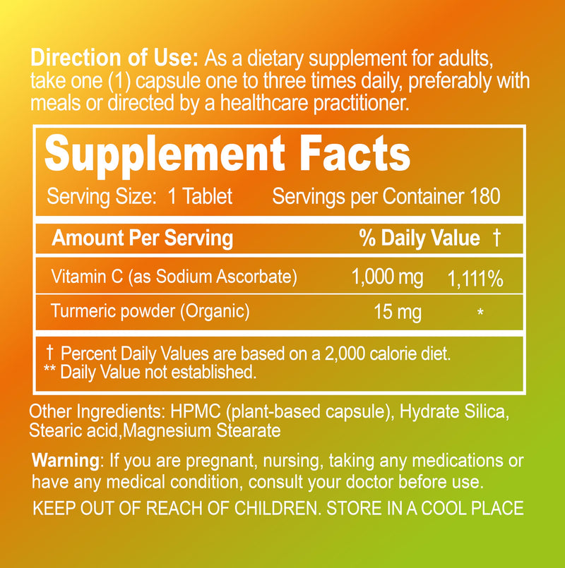 Buffered Vitamin C 1000 mg with Organic Turmeric - Antioxidant & Immune Support - Healthy Skin & Joints - Gluten & Dairy Free - 180 Vegan Capsules, 180 Day Supply 180 Count (Pack of 1)
