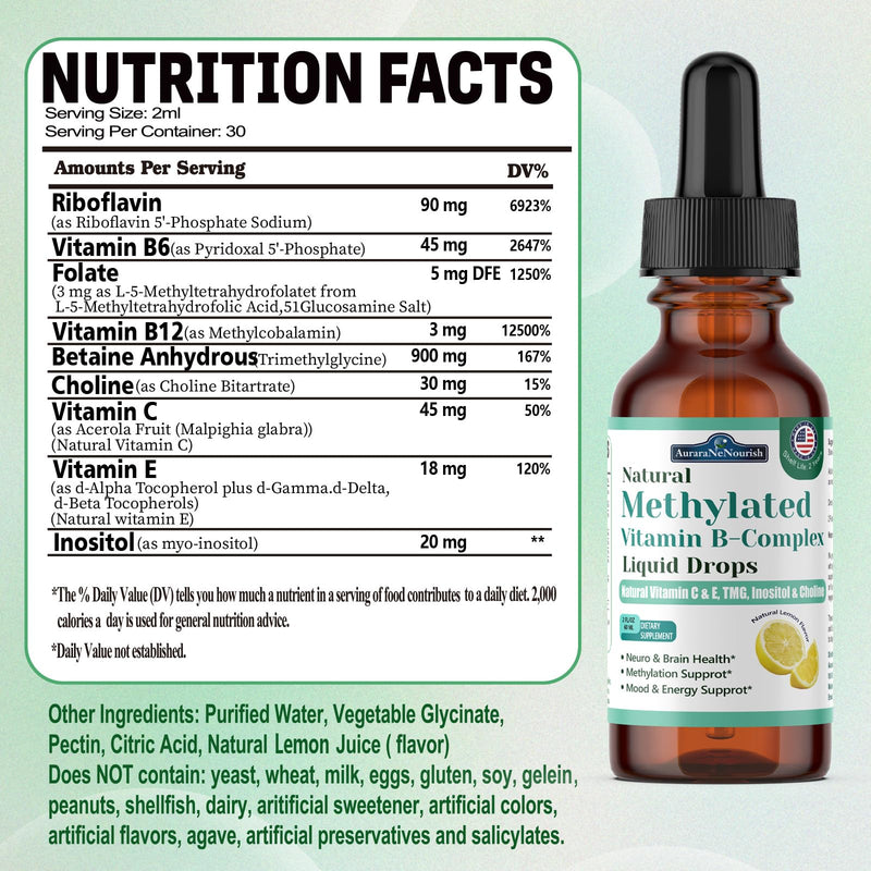 2 Pack Methylated B Complex Liquid, 9-in-1 Methyl B Vitamin w. Methylfolate 5-MTHF Inositol Choline Riboflavin TMG & Methyl B12 Vitamin C E, Super B Complex Multivitamin for Energy Mood & Brain Health Lemon 2 Fl Oz (Pack of 2)