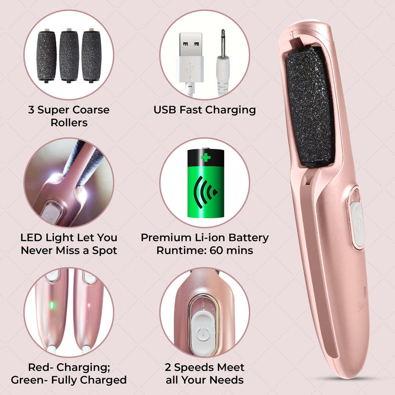 Powerful Electric Callus Remover Wand – Rechargeable Foot File, Grinder & Scrubber - Removes Dead, Hard Skin & Calluses – Best Pedicure Tool for Soft, Smooth Feet for Men & Women (Rose Gold) Rose Gold - BeesActive Australia
