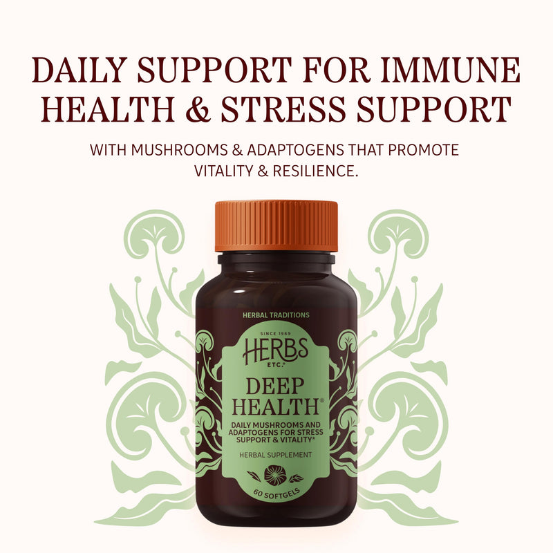 Herbs Etc. Deep Health Softgels, Adaptogenic Mushroom Complex, 60 Count | Daily Vitality Herbal Supplement with Reishi, Shiitake, and Rhodiola Root for Stress and Immune System Support, Organic 60 Count (Pack of 1)