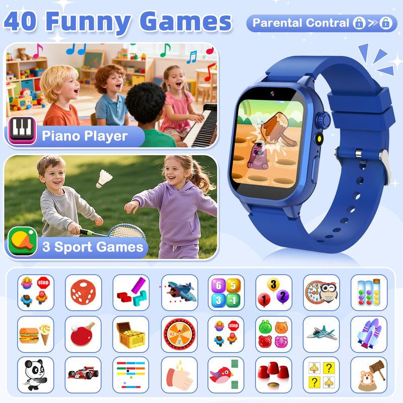Smart Watch for Kids with 40 Games Video Camera Music Pedometer Flashlight Alarms 12/24 hr HD Touch Screen Kids Watch 2 Extra Bands Birthday Gift for Boys Girls Ages 4-12 Years Old(Blue) BLUE - BeesActive Australia