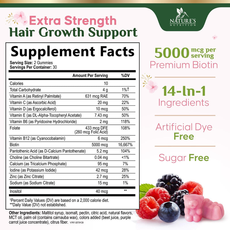 Hair Vitamins Gummies with Biotin 5000 mcg Per Serving - Extra Strength Hair Growth Support Vitamin E & C - Stronger Radiant Hair, Skin & Nails Supplement - Hair Growth Support Gummy - 60 Gummies 60 Count (Pack of 1)