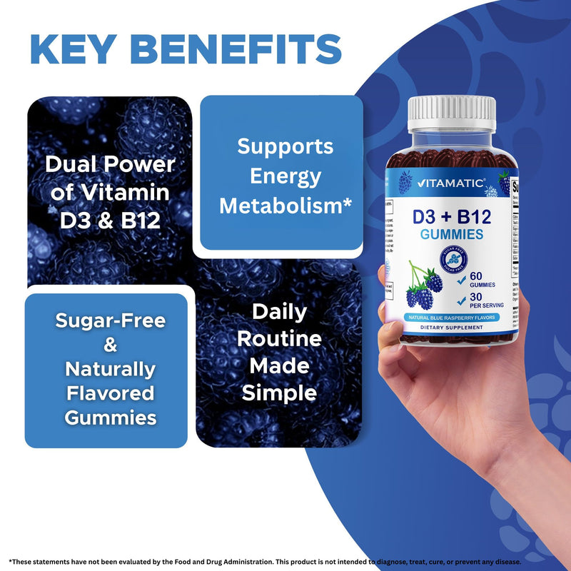 Vitamatic Vitamin D3 + B12 Gummies Made with Folate & Vitamin B6 - Natural Blue Raspberry Flavor – 60 Gummies – Made in the USA