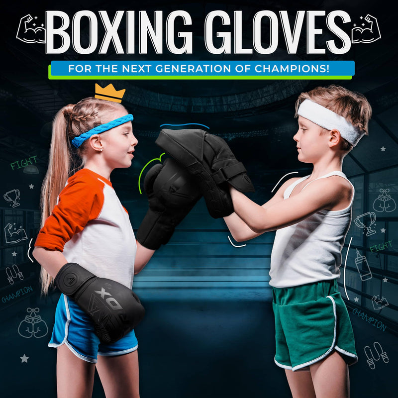 RDX Kids Boxing Gloves Sparring and Muay Thai Maya Hide Leather, Kara Patent Pending Junior Training Mitt for Kickboxing, Punching Bag, Focus Pads, MMA, Thai Pad, Double End Ball Punching Gloves BLACK 6OZ