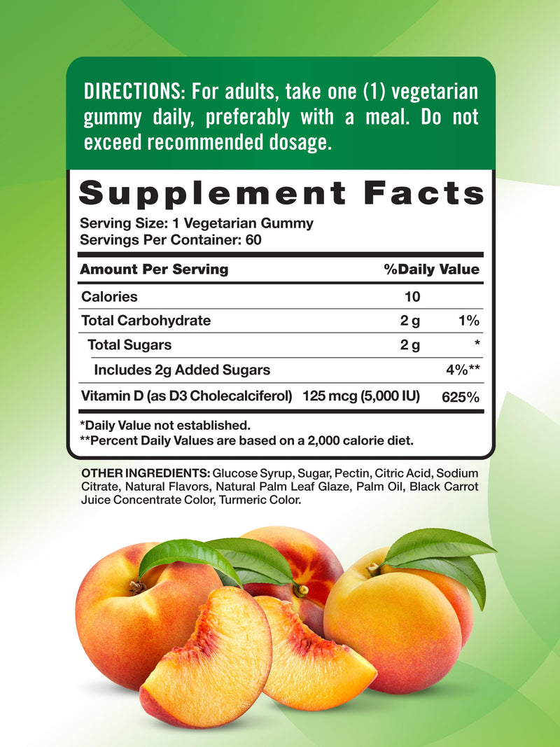 Nature's Truth Vitamin D3 Gummies | 5000 IU | 60 Count | Peach Flavor | Vegetarian, Non-GMO & Gluten Free Supplement | Vegetarian, Non-GMO & Gluten Free Supplement 60 Count (Pack of 1)