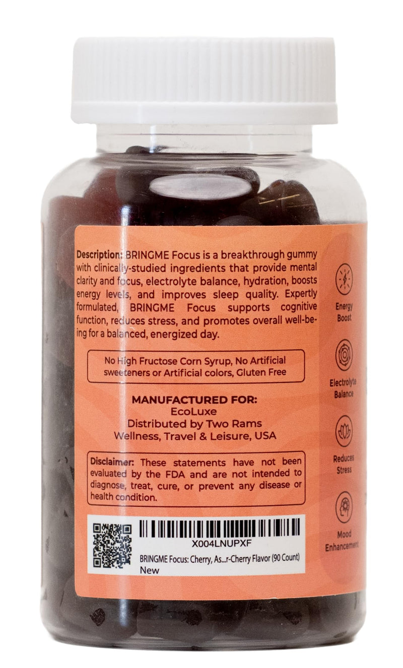 BRINGME Focus Gummies – Nootropic Brain & Focus Support with Ashwagandha, Rhodiola, Potassium & Magnesium for Memory, Clarity, Mood & Energy – Low Sugar Cherry Flavor, 90 Count
