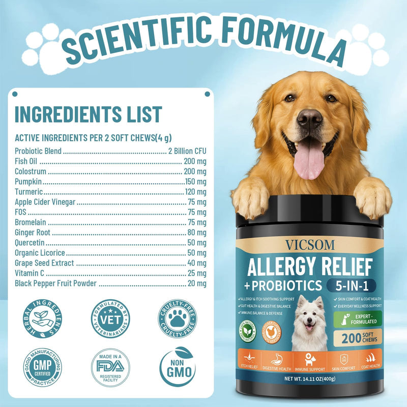 Advanced Dog Allergy Relief Bundle – Probiotic Allergy Chews (200) + Omega 3 Anti-Itch Chews (200), Dog Allergy Relief for Itchy Skin, Ears, Paws, Gut & Immune Support, Chicken Flavor