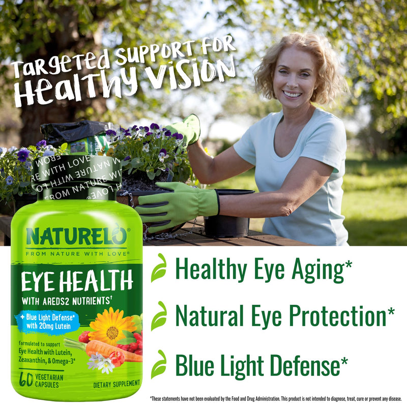NATURELO Eye Vitamins, AREDS 2 Formula, 60 Vegan Capsules, 2 Pack | Nutrients with lutein, zeaxanthin, vitamin C, vitamin E, zinc, plus DHA, Supplement for Dry Eyes, Healthy Vision, Eye Support Unflavored 60 Count (Pack of 2)