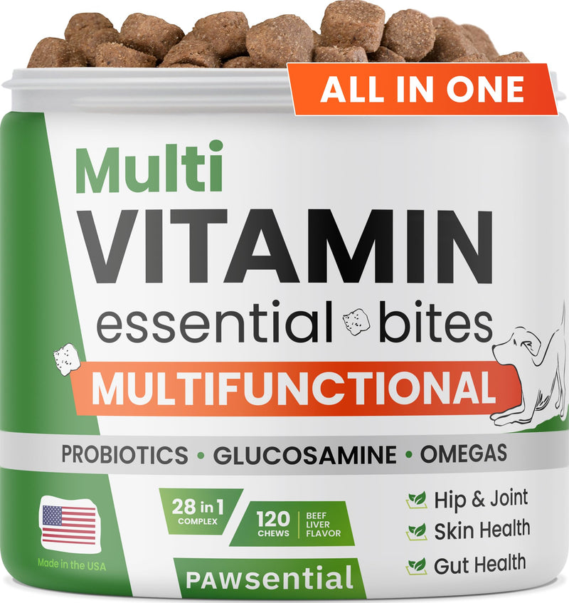 Vitamins for Dogs - 4 in 1 Complex with Omega, Glucosamine, Probiotics and Vitamins - 120ct - BBQ Pork