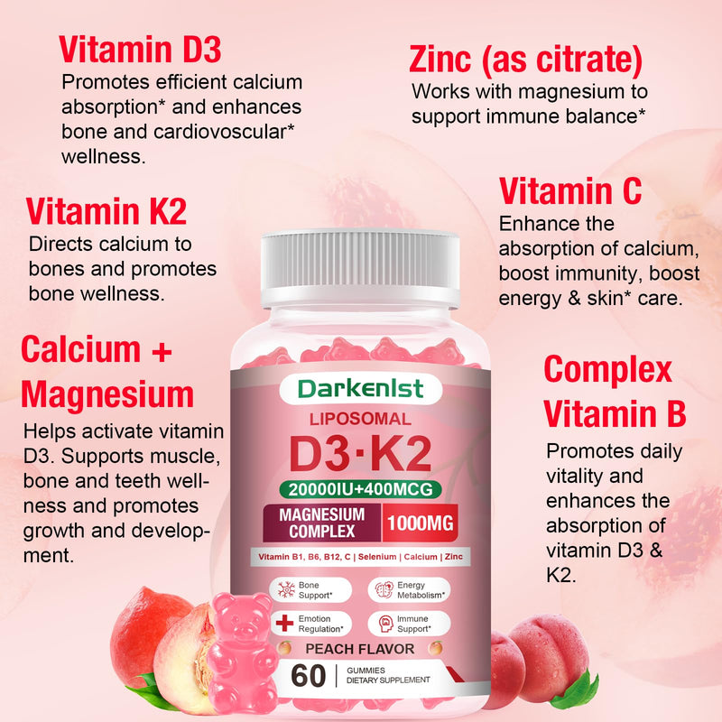 2 Pack Liposomal Vitamin 20,000IU D3 + 400mcg K2 Supplment,Complex Magnesium Glycinate, Malate & Citrate, Calcium, Zinc, Rich In Vitamins B & C, Stress Relief, Relaxation & Bone Support for Adults 60 Count (Pack of 2)