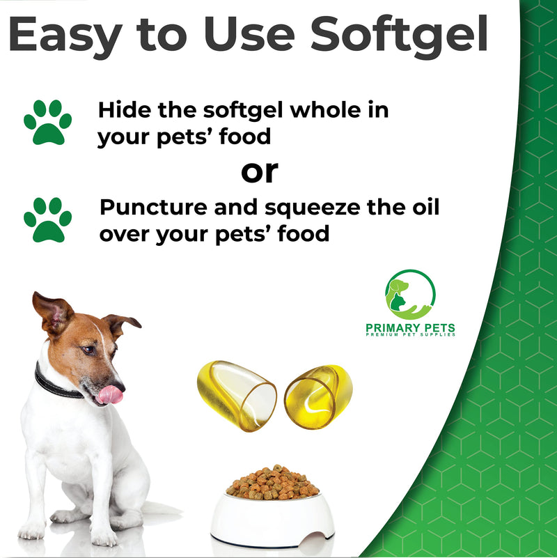 Primary Pets Premium Pet Supplies Hemp Oil for Dogs, 100% Natural Hemp Seed Oil, Calming 120 x 1000mg Soft Gel Capsules, Rich in Omega 3 & 6 Fatty Acids, Hip & Joint Support
