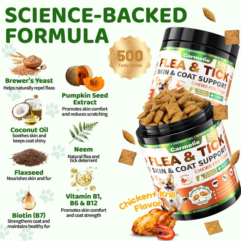 Flea and Tick Prevention for Dogs Chewables, 500ct Dog Flea and Tick Treatment with Multivitamins - Support Skin & Coat - Tasty Treats for All Breeds - Crunchy & Savory Chicken and Krill Flavor