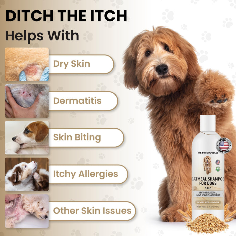 5-in-1 Premium Oatmeal Shampoo for Dogs, Gentle for Itchy & Sensitive Skin, Provides Itch Relief, Hypoallergenic & Soothing for Dry Skin, Moisturizing Anti-Itch, Made in USA, 16 oz [We Love Doodles] Oatmeal Dog Shampoo - BeesActive Australia
